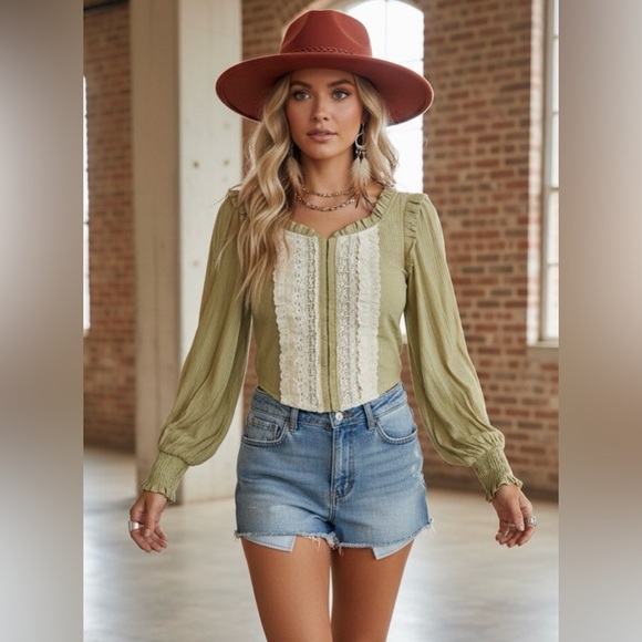 Listicle Tops - NWT Listicle Eye-hook Lace Crochet Contrast Smocked Long Sleeve Ruffle Blouse